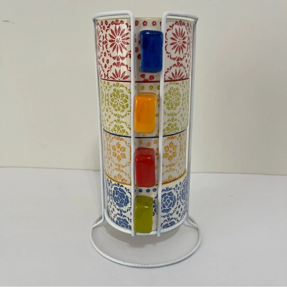 Pier1 Imports Stackable Cups 8oz Hand Pained Stoneware With Stand